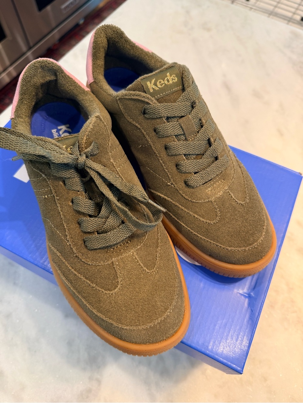 Keds Kids Olive Suede Sneakers with Pink Heel Accent
